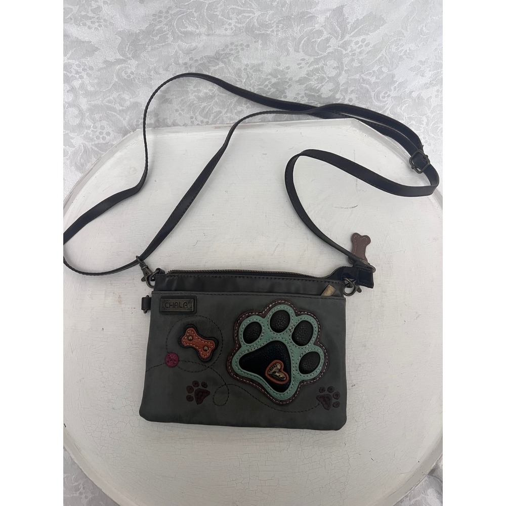 Chala Handbags Gray Vegan Leather Paw Print Crossbody Bag Small Messenger